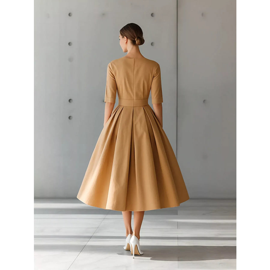 Round Neck A-Line Midi Dress Apparel and Accessories