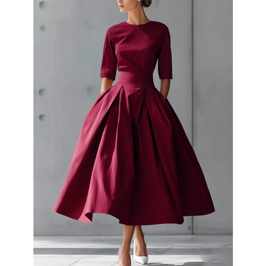 Round Neck A-Line Midi Dress Burgundy / S Apparel and Accessories
