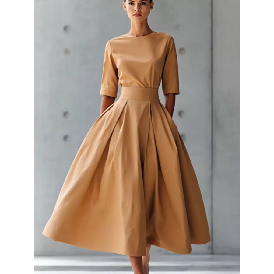 Round Neck A-Line Midi Dress Camel / S Apparel and Accessories