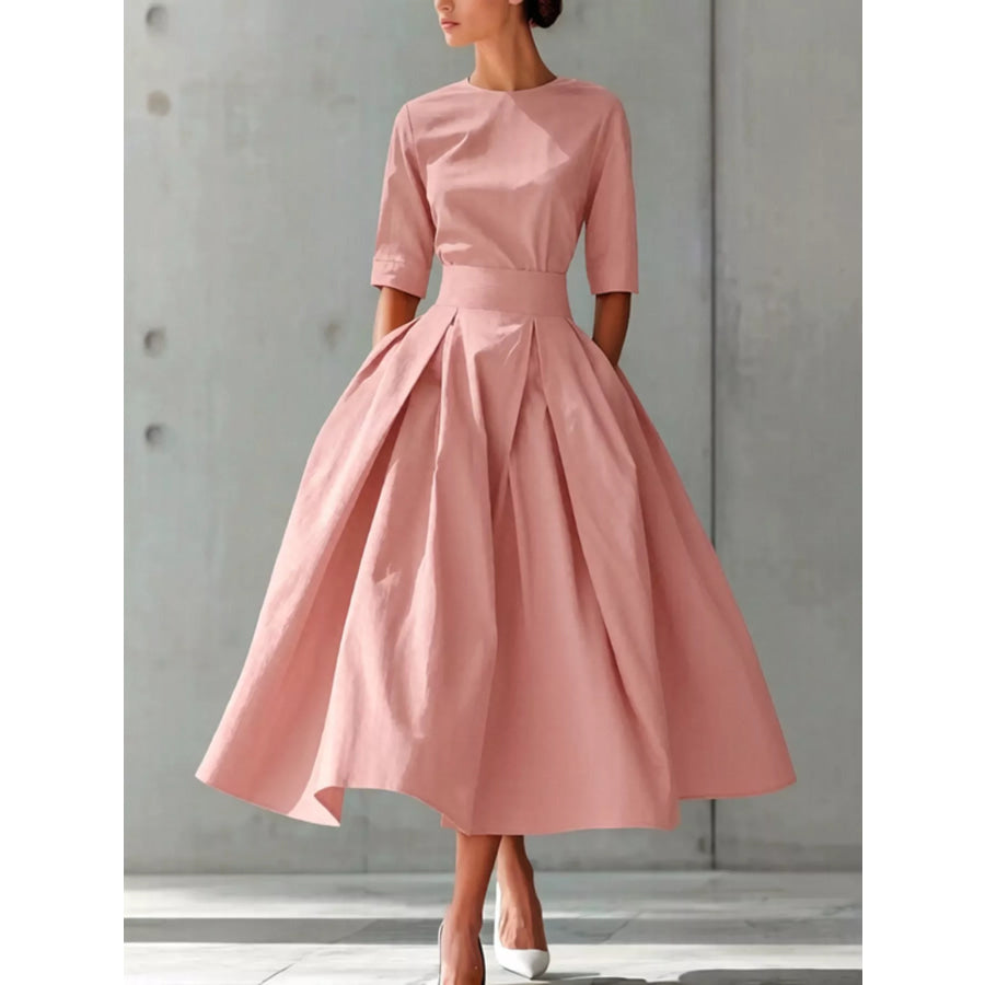 Round Neck A-Line Midi Dress Dusty Pink / S Apparel and Accessories
