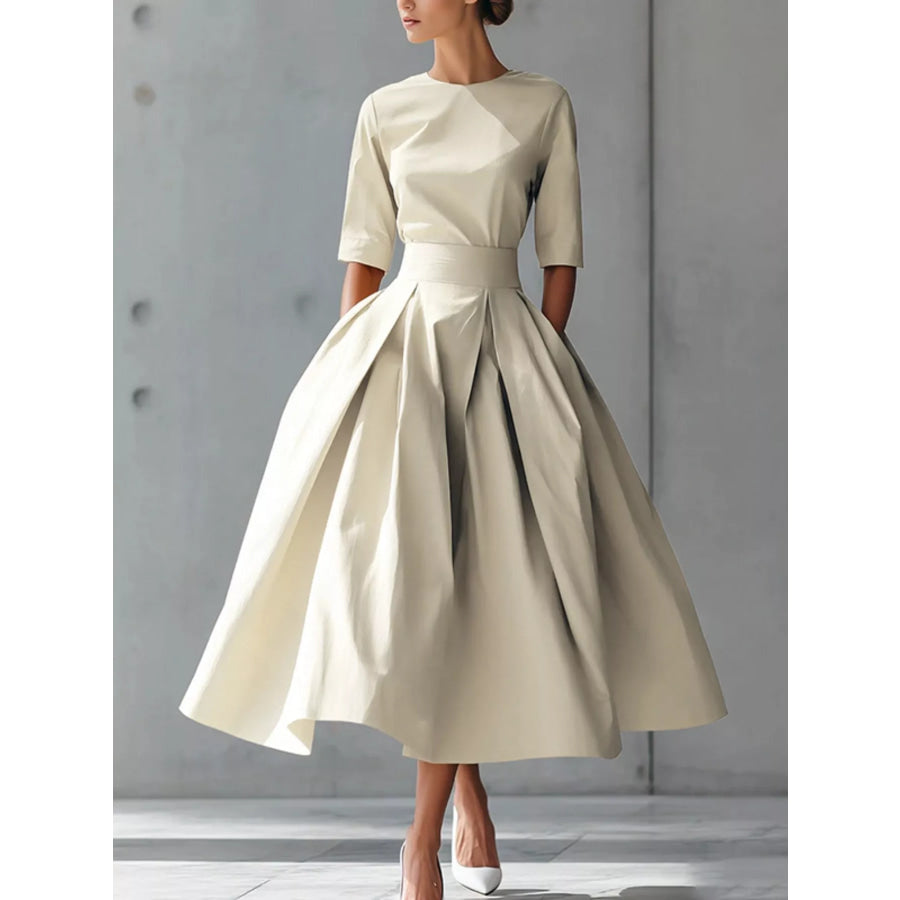 Round Neck A-Line Midi Dress White / S Apparel and Accessories