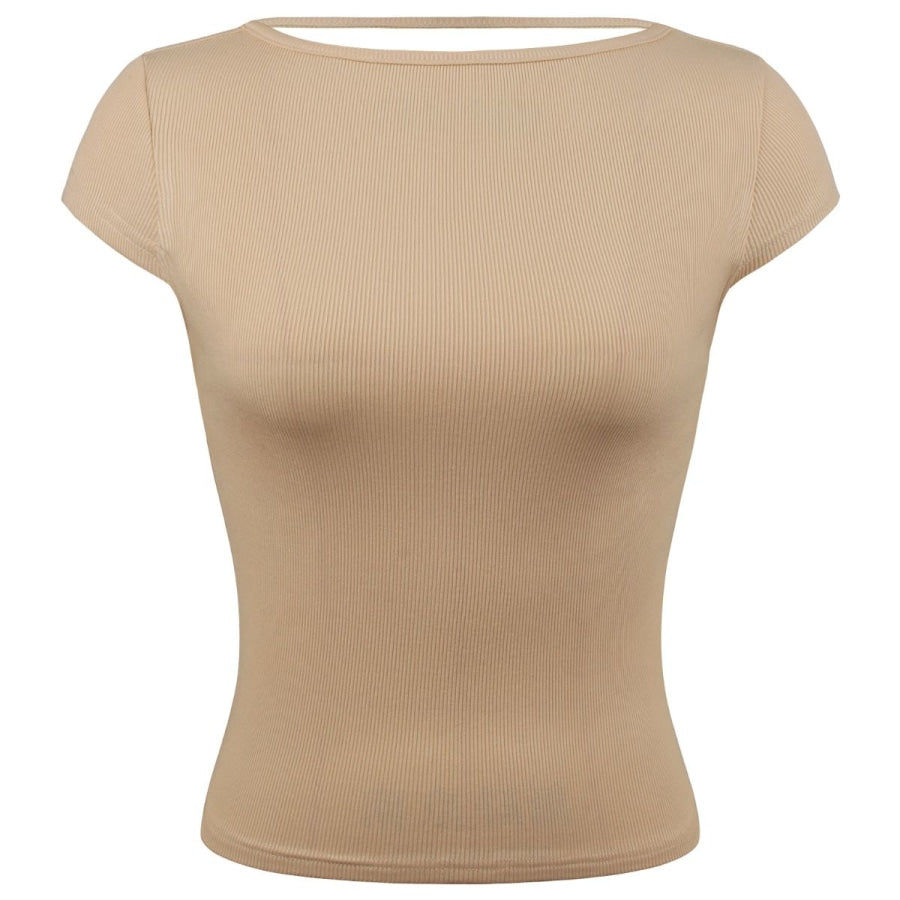 Round Neck Backless Short Sleeve Tee Tan / XS