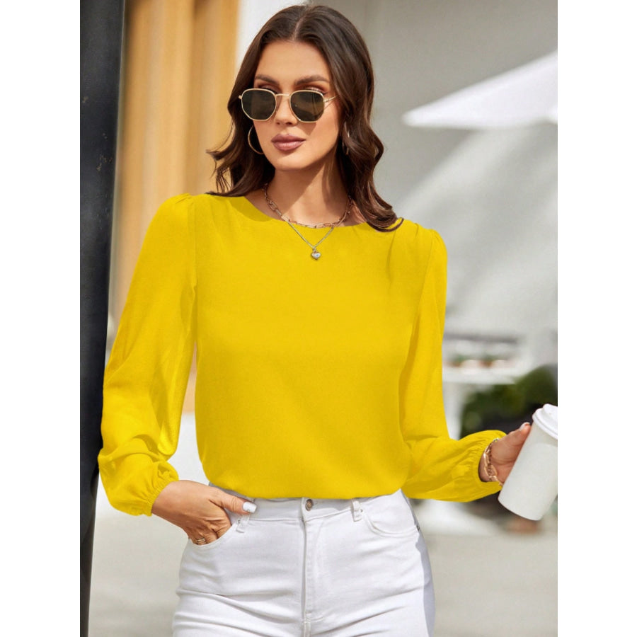 Round Neck Balloon Sleeve Blouse Apparel and Accessories