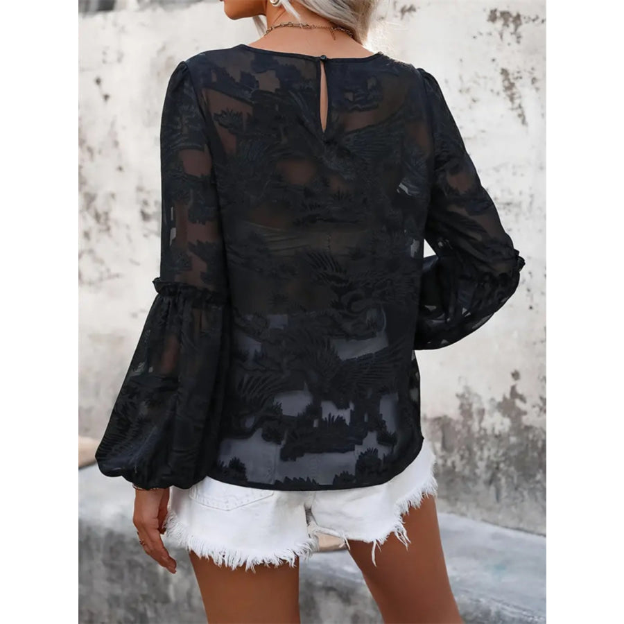 Round Neck Balloon Sleeve Blouse Black / S Apparel and Accessories