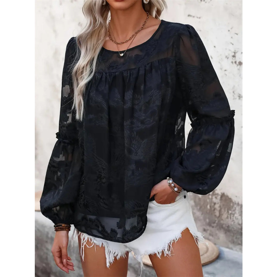 Round Neck Balloon Sleeve Blouse Apparel and Accessories