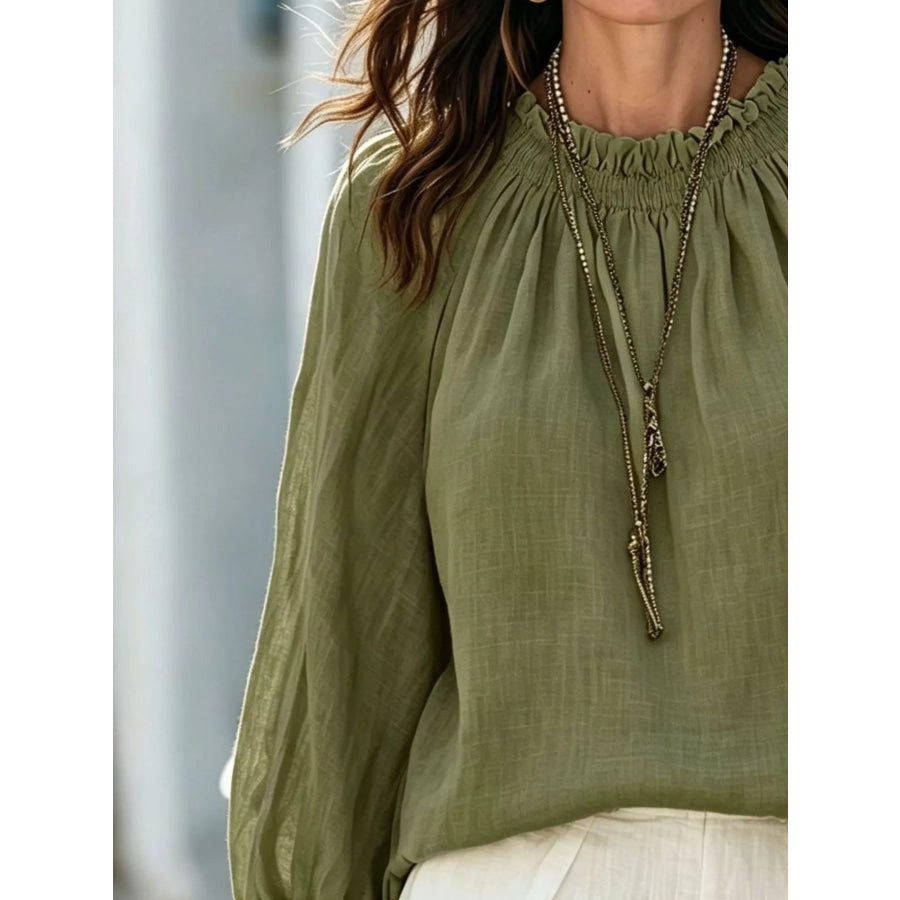 Round Neck Balloon Sleeve Blouse Army Green / S Apparel and Accessories