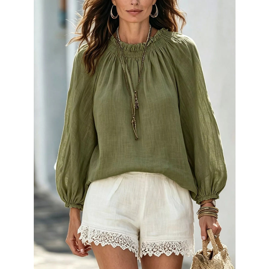 Round Neck Balloon Sleeve Blouse Army Green / S Apparel and Accessories