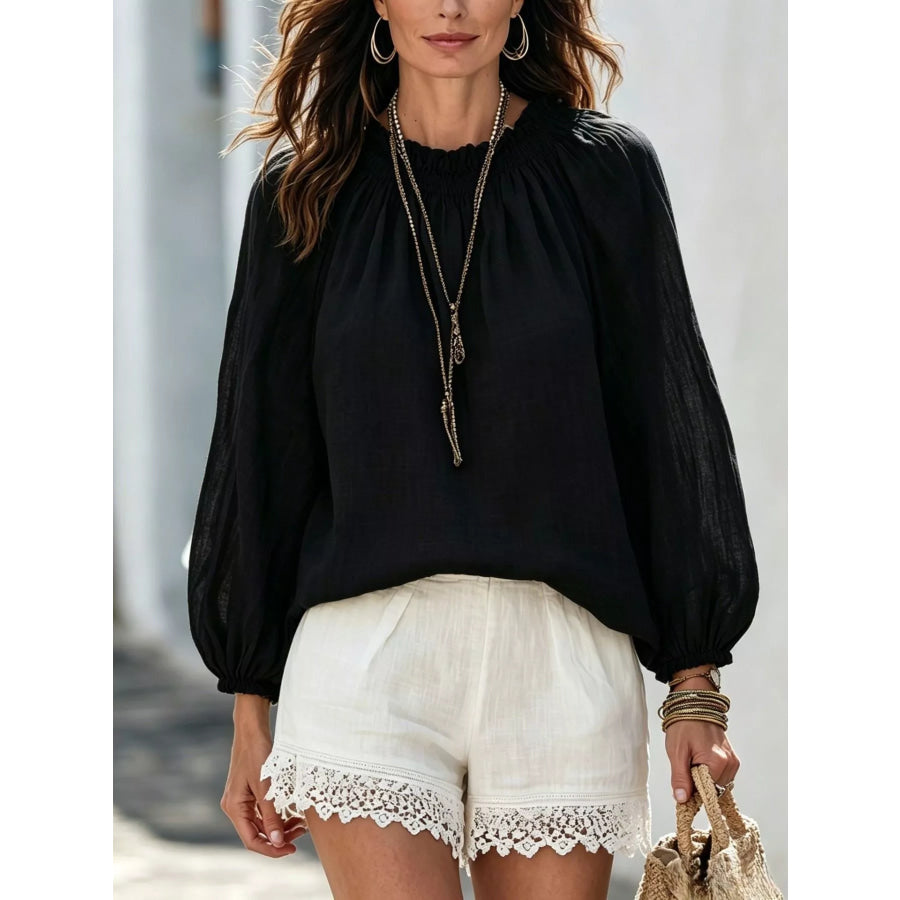 Round Neck Balloon Sleeve Blouse Black / S Apparel and Accessories