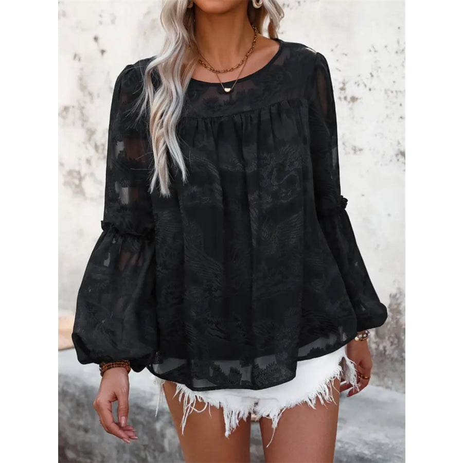 Round Neck Balloon Sleeve Blouse Black / S Apparel and Accessories