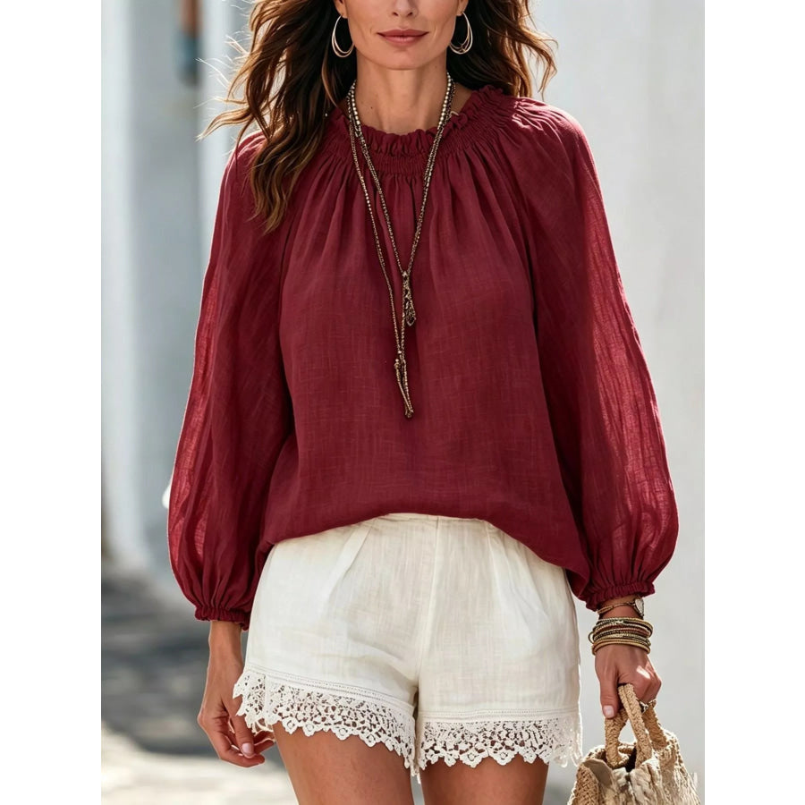 Round Neck Balloon Sleeve Blouse Burgundy / S Apparel and Accessories