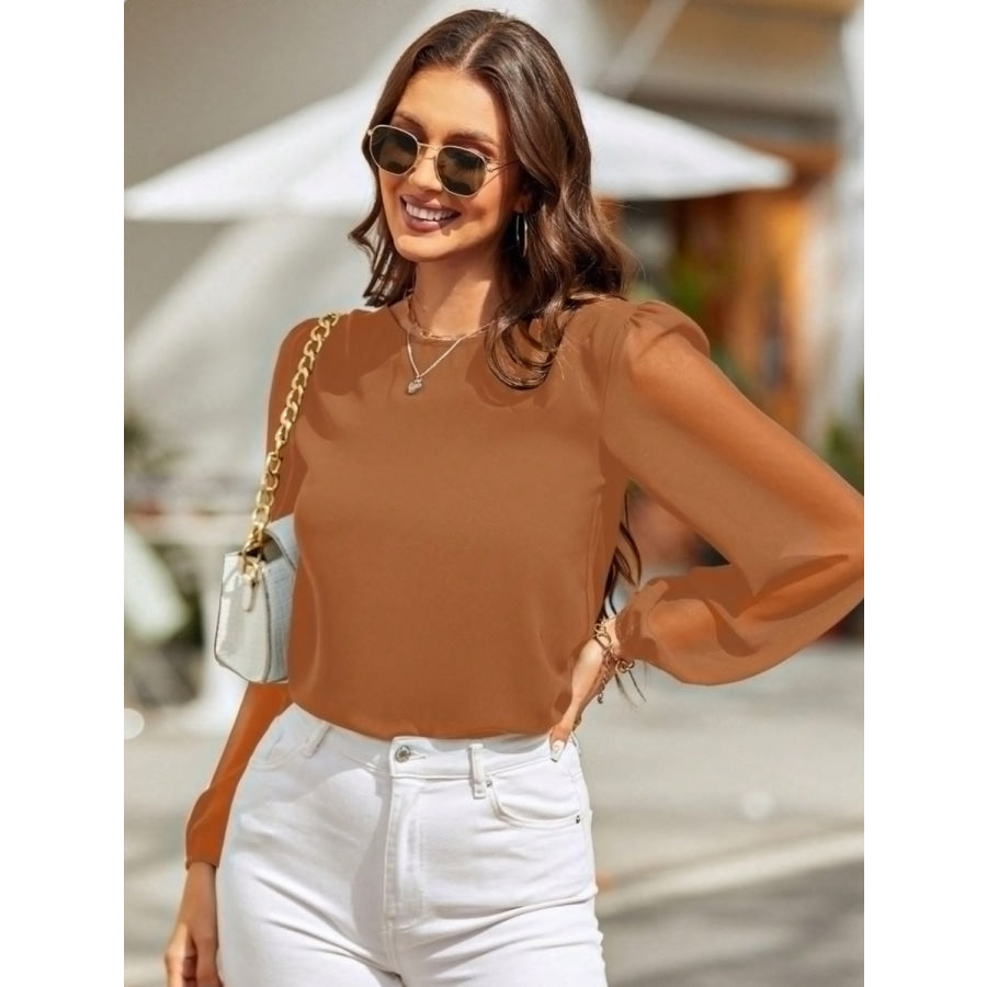 Round Neck Balloon Sleeve Blouse Caramel / S Apparel and Accessories