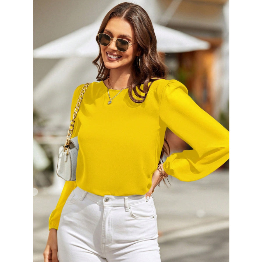 Round Neck Balloon Sleeve Blouse Chartreuse / S Apparel and Accessories