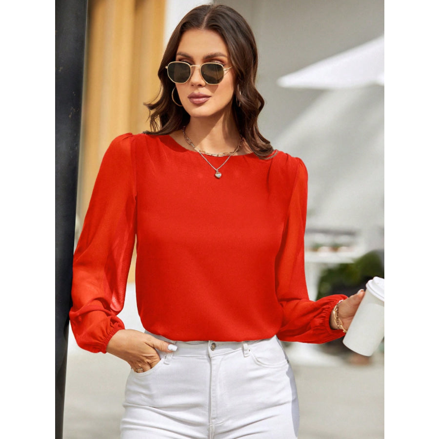 Round Neck Balloon Sleeve Blouse Deep Red / S Apparel and Accessories