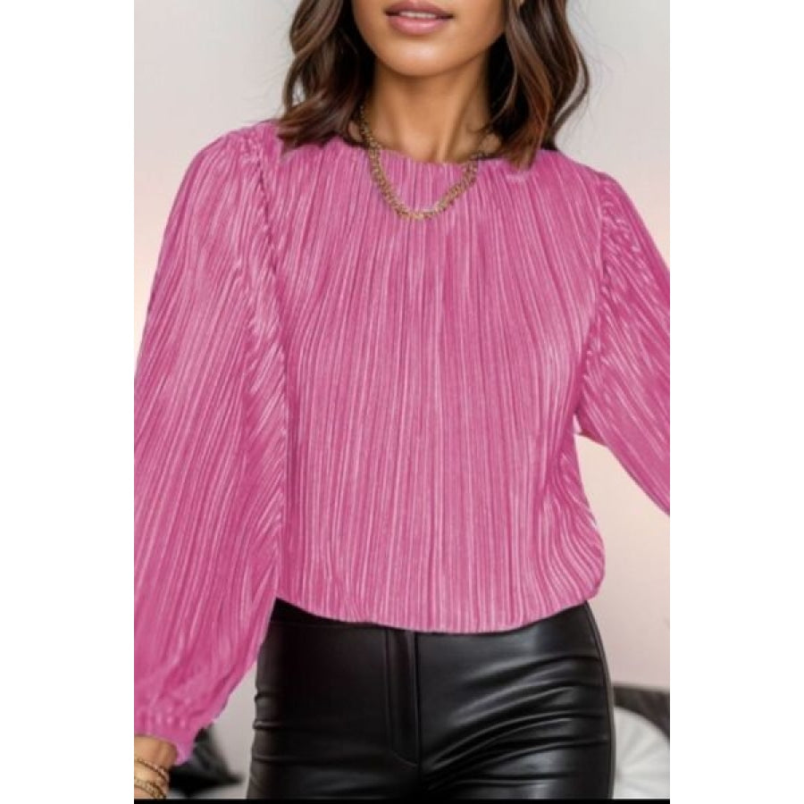 Round Neck Balloon Sleeve Blouse Fuchsia Pink / S Apparel and Accessories