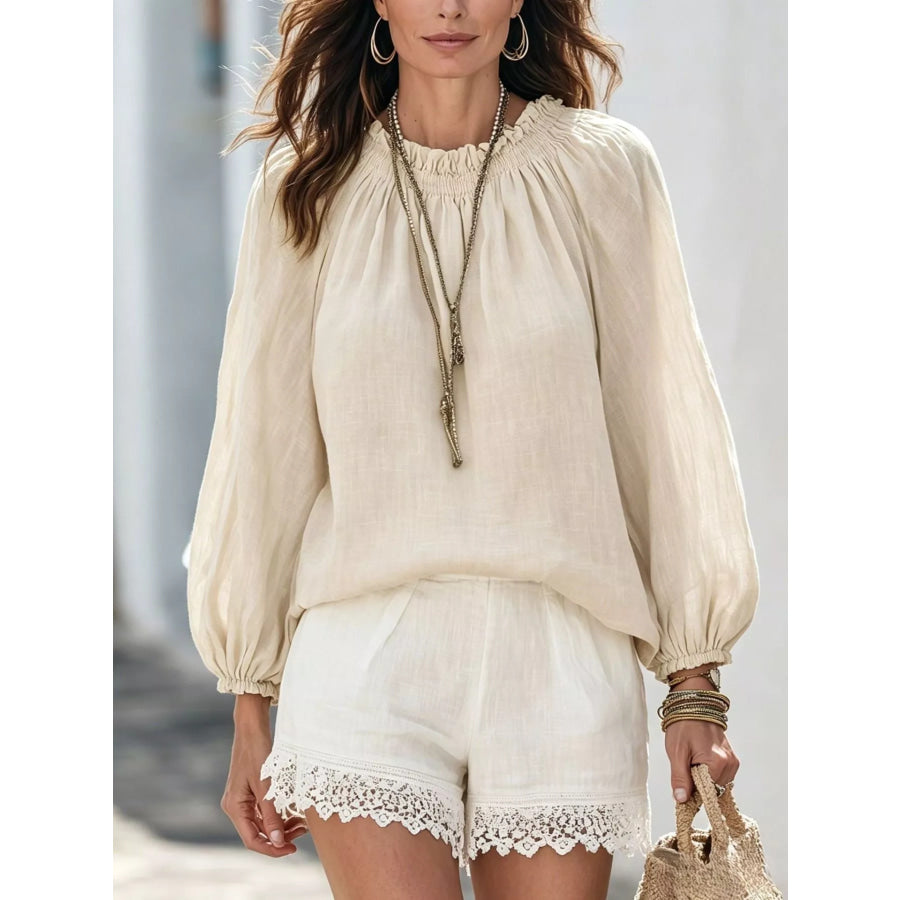 Round Neck Balloon Sleeve Blouse Ivory / S Apparel and Accessories