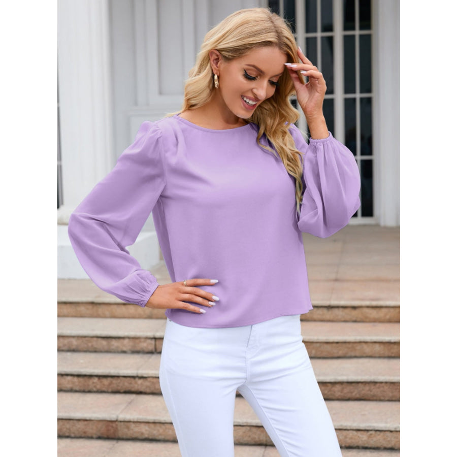 Round Neck Balloon Sleeve Blouse Lavender / S Apparel and Accessories