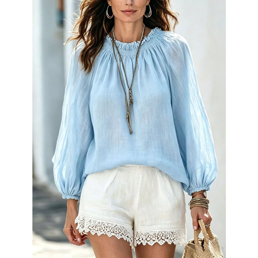 Round Neck Balloon Sleeve Blouse Light Blue / S Apparel and Accessories