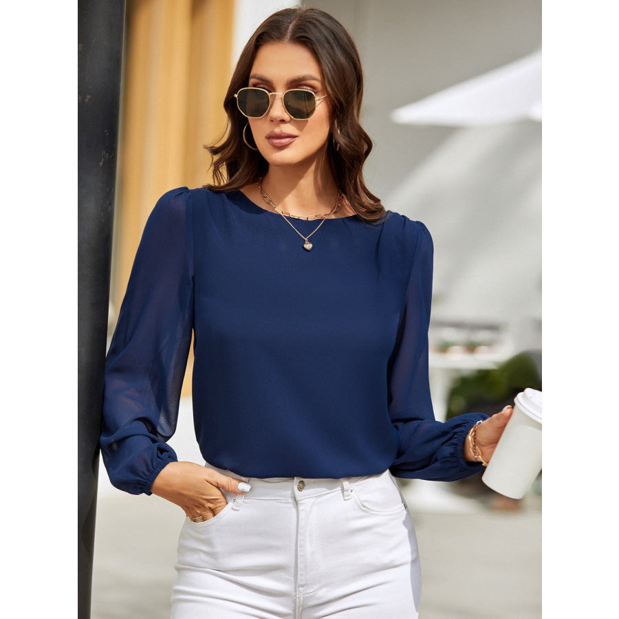 Round Neck Balloon Sleeve Blouse Navy / S Apparel and Accessories