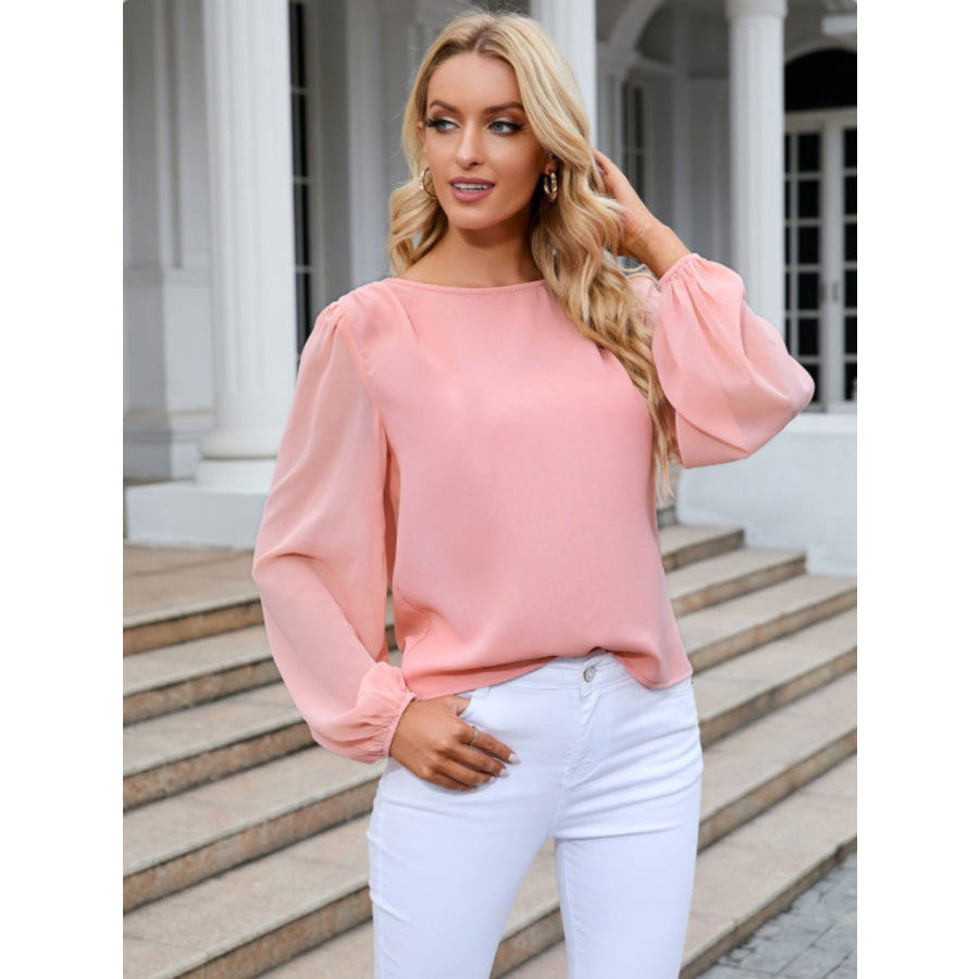 Round Neck Balloon Sleeve Blouse Peach / S Apparel and Accessories