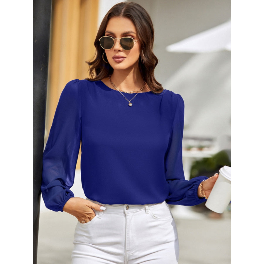 Round Neck Balloon Sleeve Blouse Royal Blue / S Apparel and Accessories