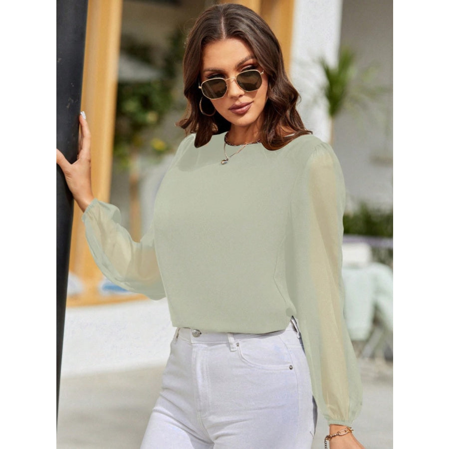 Round Neck Balloon Sleeve Blouse Sage / S Apparel and Accessories