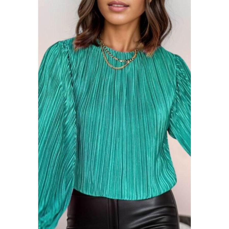 Round Neck Balloon Sleeve Blouse Teal / S Apparel and Accessories