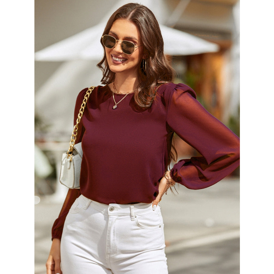 Round Neck Balloon Sleeve Blouse Wine / S Apparel and Accessories