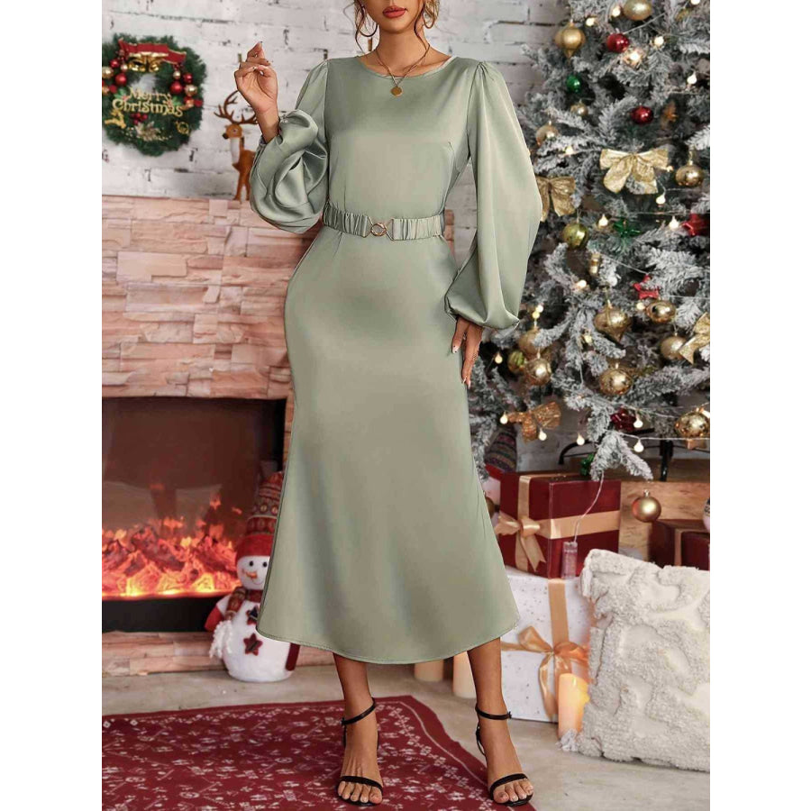 Round Neck Balloon Sleeve Midi Dress Apparel and Accessories