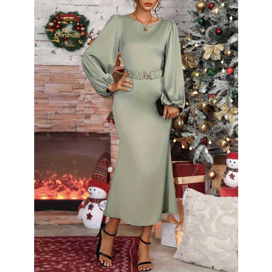 Round Neck Balloon Sleeve Midi Dress Sage / S Apparel and Accessories