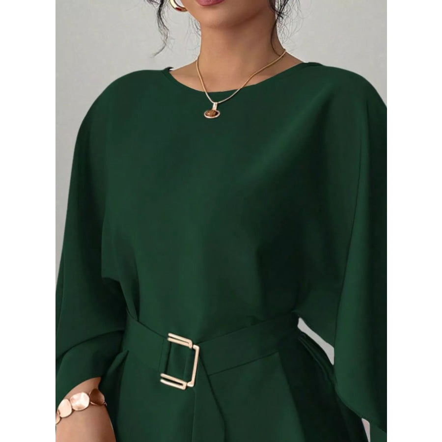 Round Neck Belt Batwing Sleeve Blouse Apparel and Accessories