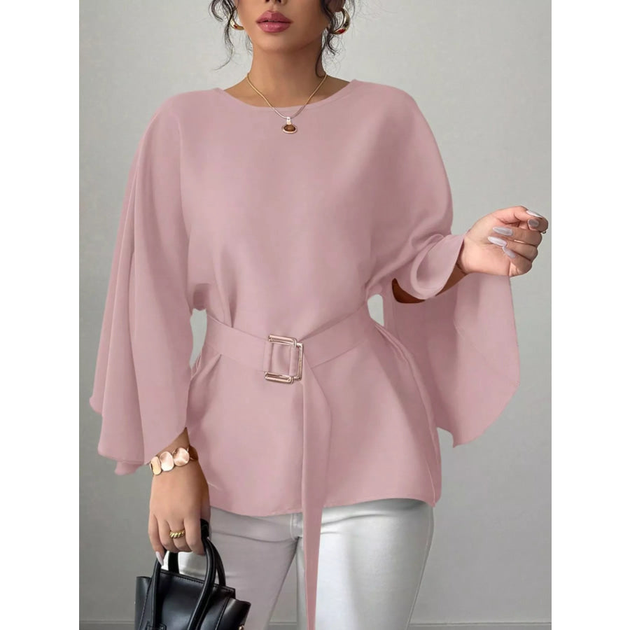 Round Neck Belt Batwing Sleeve Blouse Apparel and Accessories