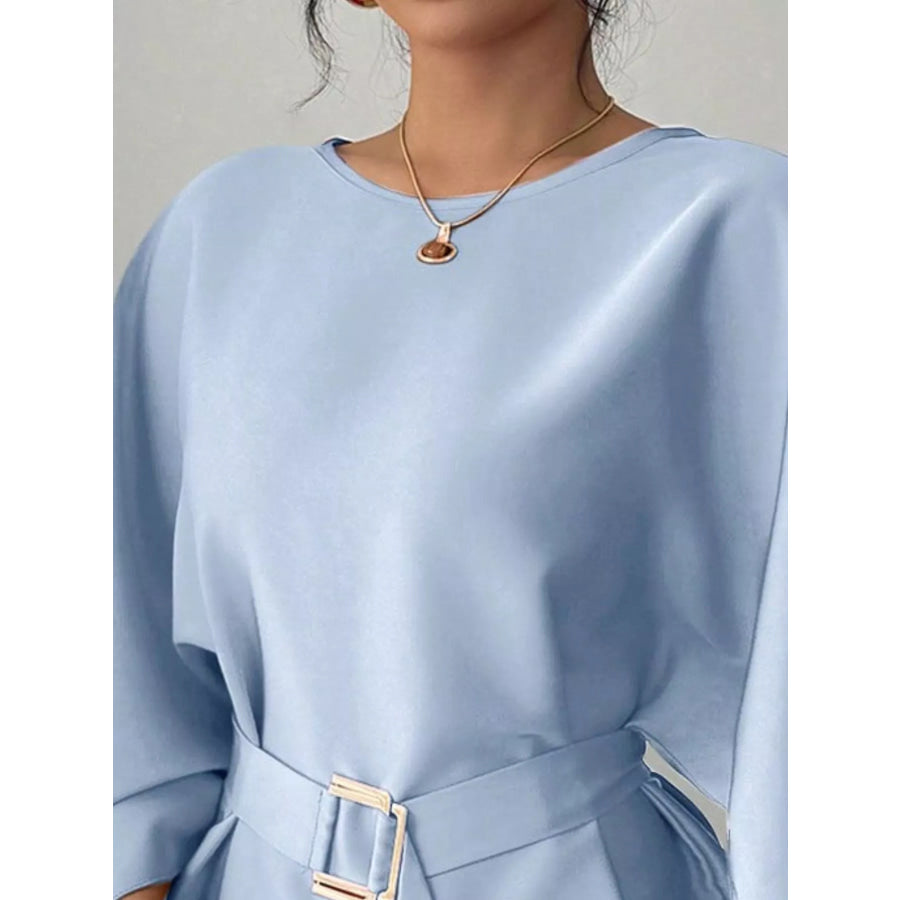 Round Neck Belt Batwing Sleeve Blouse Apparel and Accessories