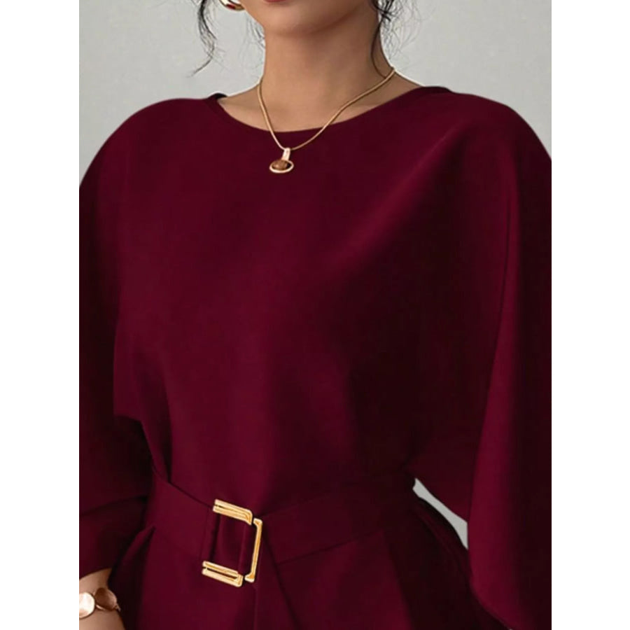 Round Neck Belt Batwing Sleeve Blouse Apparel and Accessories