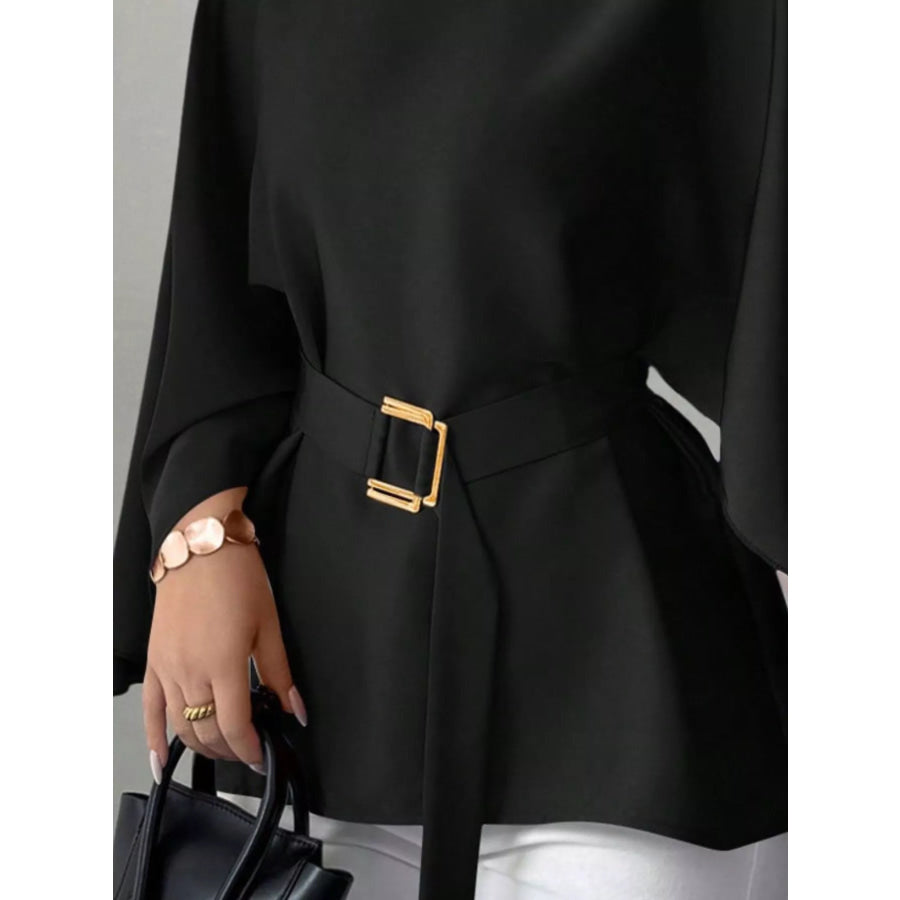 Round Neck Belt Batwing Sleeve Blouse Apparel and Accessories