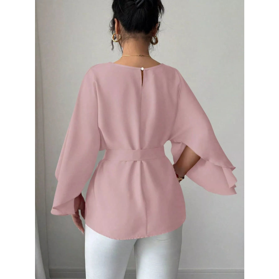 Round Neck Belt Batwing Sleeve Blouse Apparel and Accessories