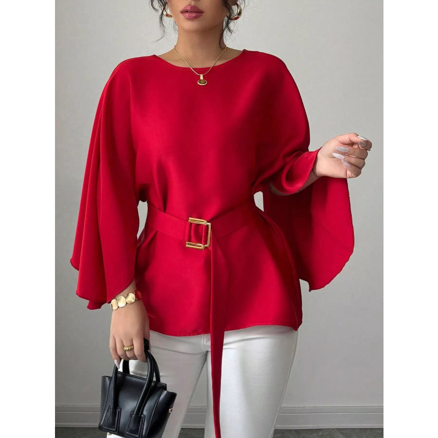 Round Neck Belt Batwing Sleeve Blouse Apparel and Accessories