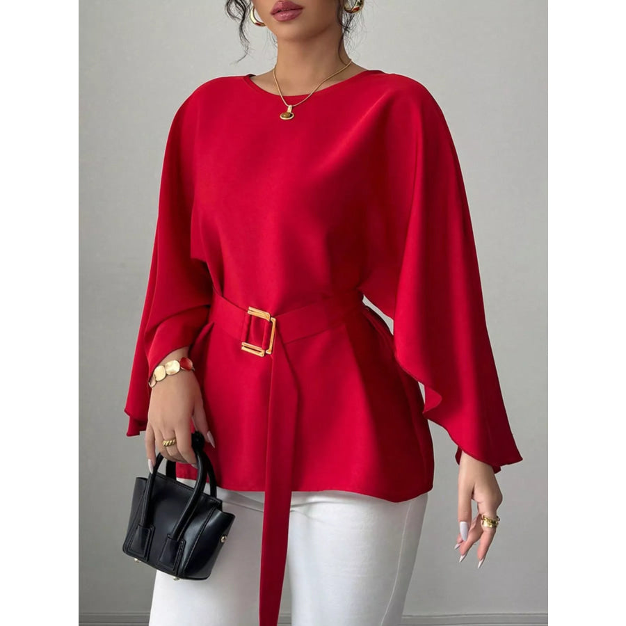 Round Neck Belt Batwing Sleeve Blouse Apparel and Accessories