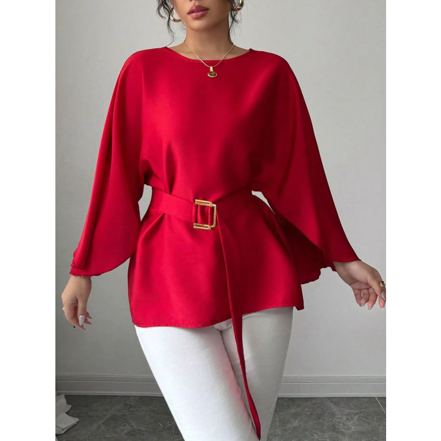 Round Neck Belt Batwing Sleeve Blouse Apparel and Accessories