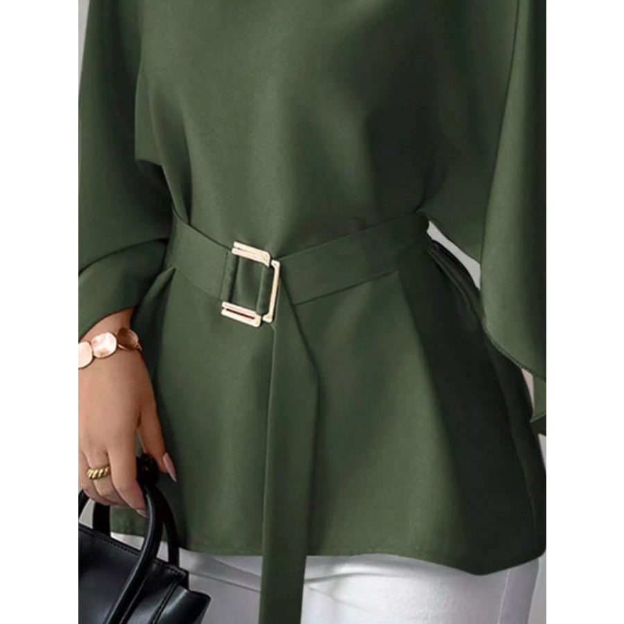 Round Neck Belt Batwing Sleeve Blouse Apparel and Accessories