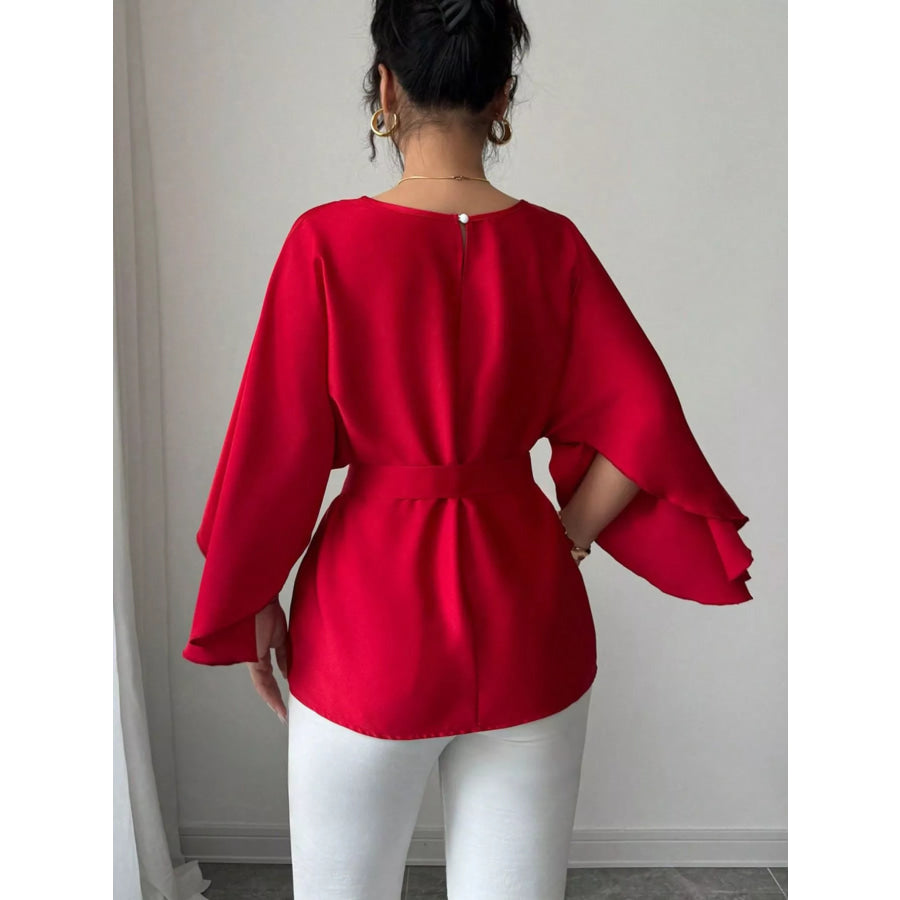 Round Neck Belt Batwing Sleeve Blouse Apparel and Accessories
