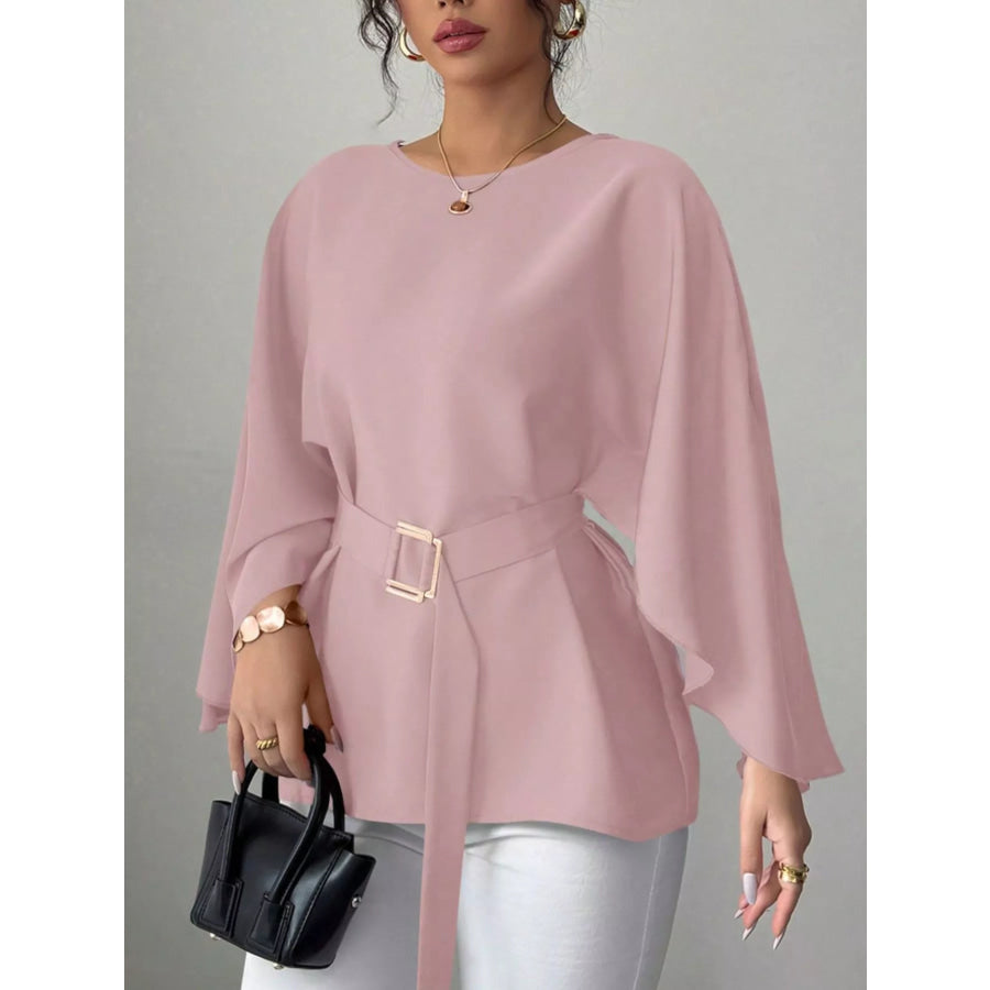 Round Neck Belt Batwing Sleeve Blouse Apparel and Accessories