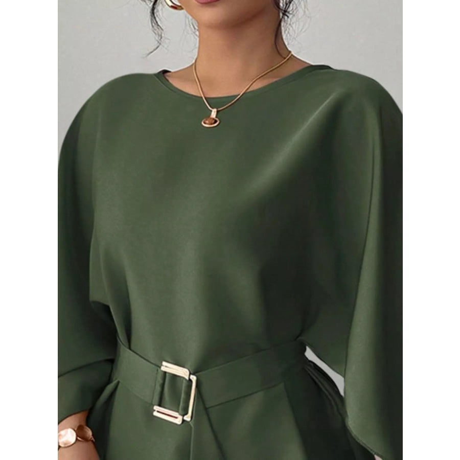 Round Neck Belt Batwing Sleeve Blouse Apparel and Accessories