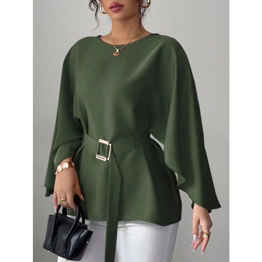 Round Neck Belt Batwing Sleeve Blouse Army Green / S Apparel and Accessories