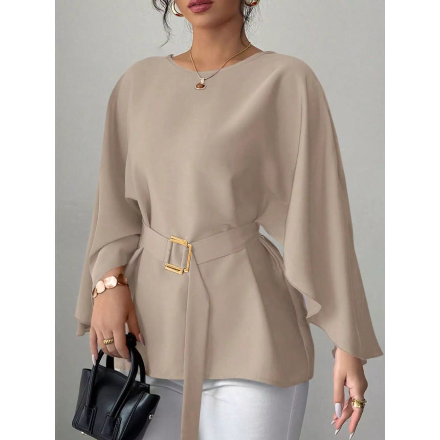 Round Neck Belt Batwing Sleeve Blouse Dark Green / S Apparel and Accessories