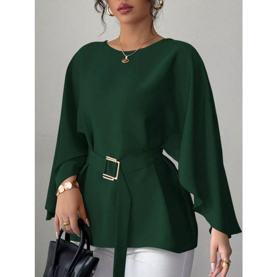 Round Neck Belt Batwing Sleeve Blouse Khaki / S Apparel and Accessories