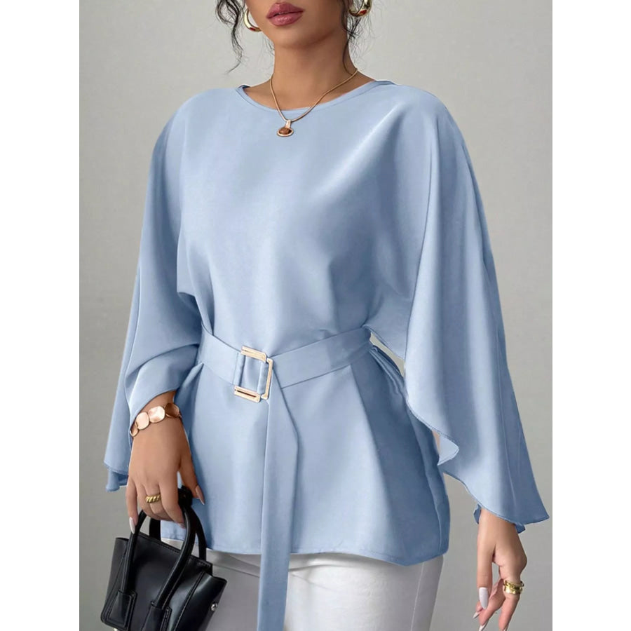 Round Neck Belt Batwing Sleeve Blouse Light Blue / S Apparel and Accessories