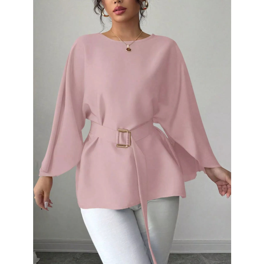 Round Neck Belt Batwing Sleeve Blouse Pink / S Apparel and Accessories
