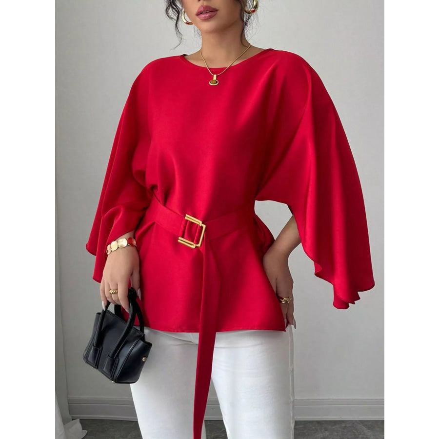 Round Neck Belt Batwing Sleeve Blouse Red / S Apparel and Accessories