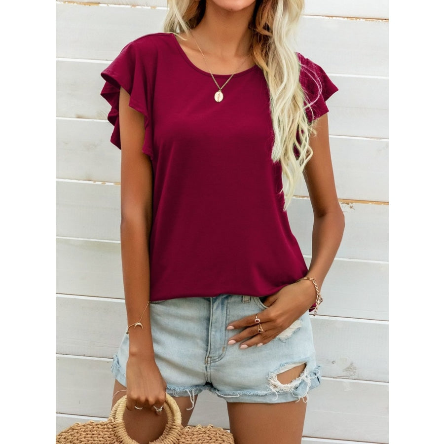 Round Neck Butterfly Sleeve Top Deep Red / 2XL