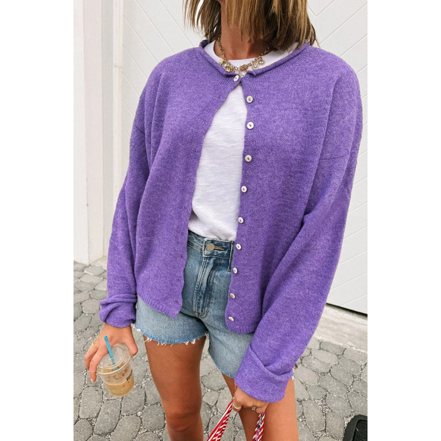 Round Neck Button-Down Knit Cardigan Lavender / S Apparel and Accessories